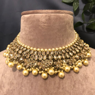Pearly Antique Gold Necklace Set (Necklace, Earrings, Tikka) - Golden