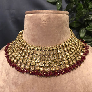 Pearly Antique Gold Necklace Set (Necklace, Earrings, Tikka) - Golden / Deep Red