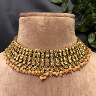 Pearly Antique Gold Necklace Set (Necklace, Earrings, Tikka) - Golden / Peach