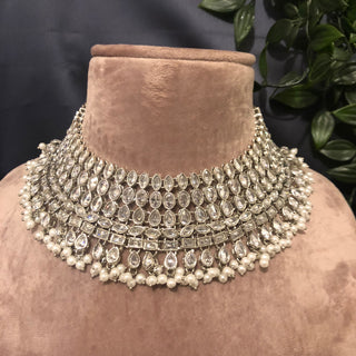 Pearly Antique Silver Necklace Set (Necklace, Earrings, Tikka) - Silver