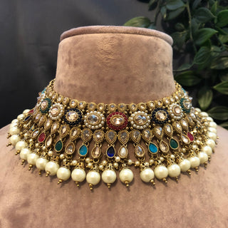 Pearly Antique Gold Necklace Set (Necklace, Earrings) - Golden / Multi
