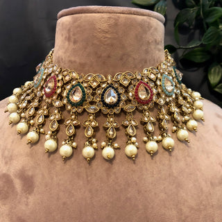 Pearly Antique Gold Necklace Set (Necklace, Earrings) - Golden / Multi