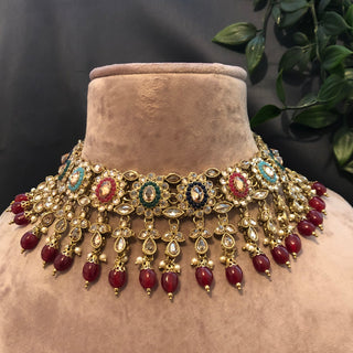 Pearly Antique Gold Necklace Set (Necklace, Earrings) - Golden / Multi