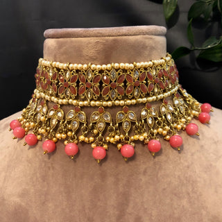 Pearly Antique Gold Necklace Set (Necklace, Earrings, Tikka) - Golden / Pink