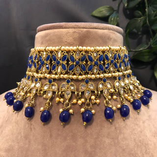 Pearly Antique Gold Necklace Set (Necklace, Earrings, Tikka) - Golden / Blue
