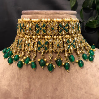 Pearly Antique Gold, Double Choker Necklace Set (Necklace, Earrings, Tikka) - Golden / Emerald Green