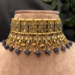 Pearly Antique Gold Necklace Set (Necklace, Earrings, Tikka) - Golden / Grey
