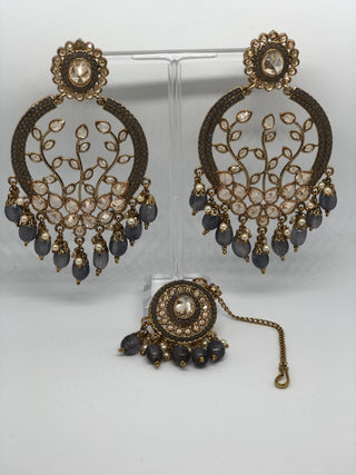 ALIA Designer Earring & Tikka Set - Grey