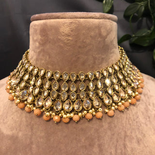 Pearly Antique Gold Necklace Set (Necklace, Earrings, Tikka) - Gold / Peach