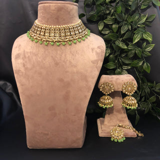 Pearly Antique Gold Necklace Set (Necklace, Earrings, Tikka) - Gold / Mint