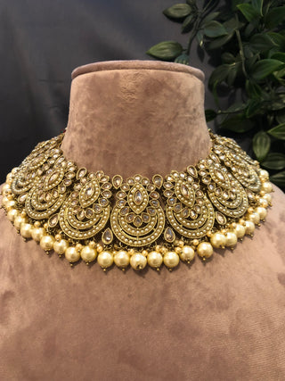 Pearly Antique Gold Necklace Set (Necklace, Earrings, Tikka) - Gold
