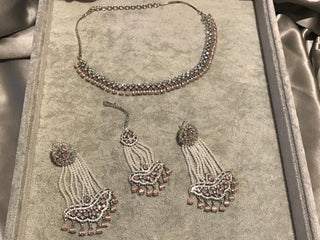 American Diamond Style Necklace Set - Silver/Baby Pink