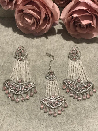 American Diamond Style Earring & Tikka Set - Baby Pink