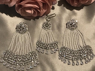 American Diamond Style Statement Earring & Tikka Set - Silver/Clear