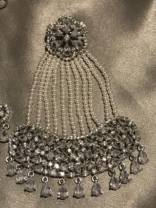 American Diamond Style Statement Earring & Tikka Set - Silver/Clear