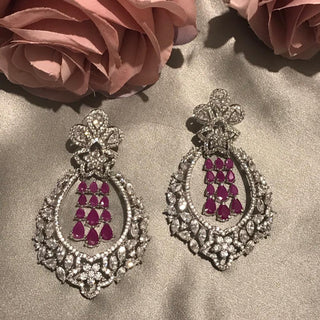 American Diamond Style Statement Earrings - Hot Pink / Silver
