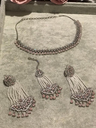 American Diamond Style Necklace Set - Silver/Baby Pink