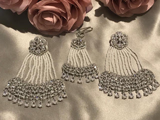 American Diamond Style Statement Earring & Tikka Set - Silver/Clear