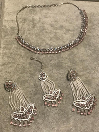 American Diamond Style Necklace Set - Silver/Baby Pink