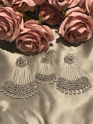 American Diamond Style Statement Earring & Tikka Set - Silver/Clear