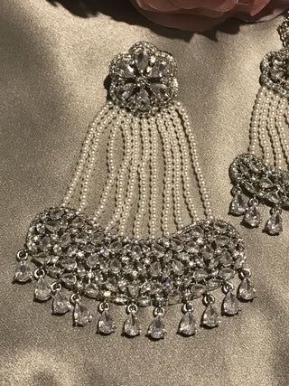 American Diamond Style Statement Earring & Tikka Set - Silver/Clear