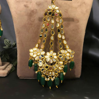 Luxury green glass work Kundan bridal necklace set with matching earrings and headpiece, statement jewelry for South Asian weddings and nikah ceremonies.