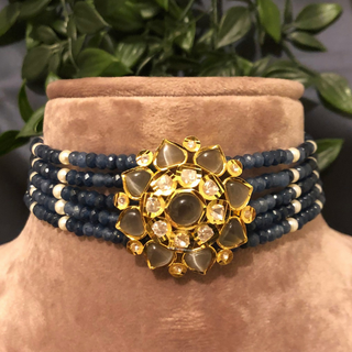 Luxury grey beaded Kundan choker necklace set with matching earrings, elegant statement jewelry for South Asian bridal weddings and receptions.
