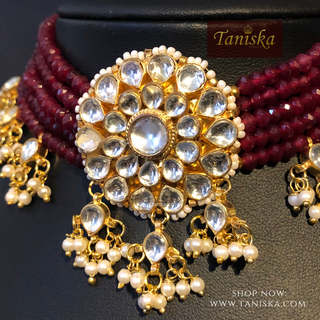 Luxury maroon multi-strand beaded Pachi Kundan choker necklace set, an exquisite statement piece for South Asian bridal weddings and nikah ceremonies, as seen in www.taniska.com