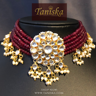 Luxury maroon multi-strand beaded Pachi Kundan choker necklace set, an exquisite statement piece for South Asian bridal weddings and nikah ceremonies, as seen in www.taniska.com