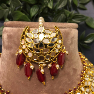 Luxury maroon glass work Kundan bridal necklace set with matching earrings and headpiece, statement jewelry for South Asian weddings and nikah ceremonies.