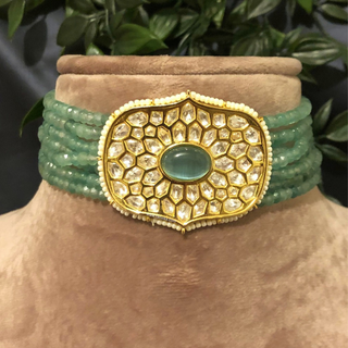 Luxury mint beaded Kundan choker necklace set featuring mint green and soft pink beads with matching earrings, elegant statement jewelry for South Asian bridal weddings and festive receptions.
