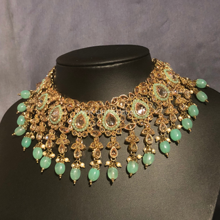Luxury mint green Kundan bridal necklace set with matching jhumka earrings and maang tikka, elegant statement jewelry for South Asian weddings and nikah ceremonies.