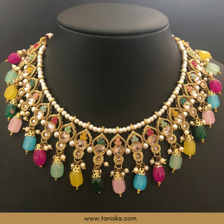 Luxury multicolor beaded Kundan bridal necklace set with matching earrings and maang tikka, vibrant statement jewelry for South Asian weddings and festive celebrations.