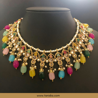 Luxury multicolor beaded Kundan bridal necklace set with matching earrings and maang tikka, vibrant statement jewelry for South Asian weddings and festive celebrations.