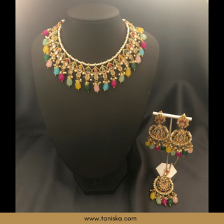 Luxury multicolor beaded Kundan bridal necklace set with matching earrings and maang tikka, vibrant statement jewelry for South Asian weddings and festive celebrations.