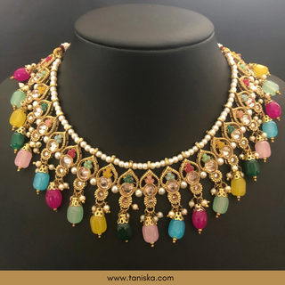 Luxury multicolor beaded Kundan bridal necklace set with matching earrings and maang tikka, vibrant statement jewelry for South Asian weddings and festive celebrations.