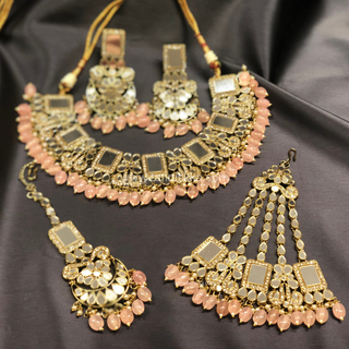Luxury pink glass work Kundan bridal necklace set with matching earrings and headpiece, statement jewelry for South Asian weddings and nikah ceremonies.