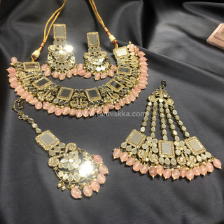 Luxury pink glass work Kundan bridal necklace set with matching earrings and headpiece, statement jewelry for South Asian weddings and nikah ceremonies.