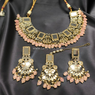 Luxury pink glass work Kundan bridal necklace set with matching earrings and headpiece, statement jewelry for South Asian weddings and nikah ceremonies.