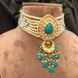 Luxury turquoise blue beaded Kundan choker necklace set with matching earrings, elegant statement jewelry for South Asian bridal weddings and receptions.