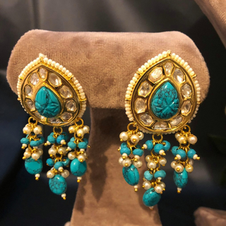 Luxury turquoise blue beaded Kundan choker necklace set with matching earrings, elegant statement jewelry for South Asian bridal weddings and receptions.