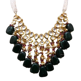 MISHA Kundan Necklace Set (Emerald, Maroon Combo)