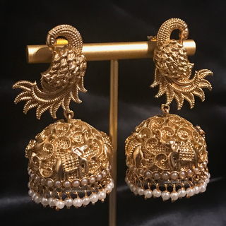 TANISHQ Designer Antique Gold Earrings - Golden - Elephant & Peacock Design