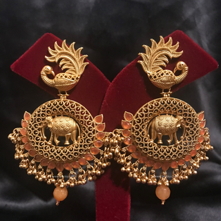 TANISHQ Designer Elephant (Hati) / Peacock Antique Gold Earrings - Peach
