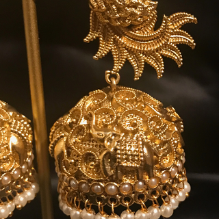 TANISHQ Designer Antique Gold Earrings - Golden - Elephant & Peacock Design