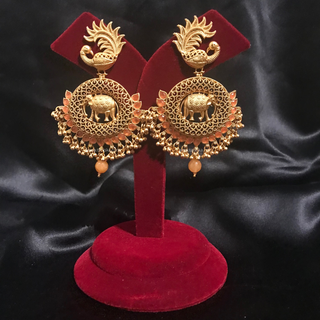 TANISHQ Designer Elephant (Hati) / Peacock Antique Gold Earrings - Peach