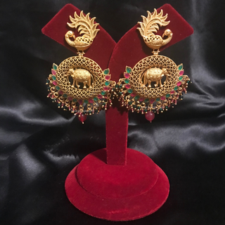 TANISHQ Designer Elephant (Hati) / Peacock Antique Gold Earrings - Multi
