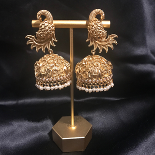 TANISHQ Designer Antique Gold Earrings - Golden - Elephant & Peacock Design