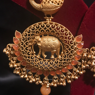 TANISHQ Designer Elephant (Hati) / Peacock Antique Gold Earrings - Peach