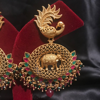 TANISHQ Designer Elephant (Hati) / Peacock Antique Gold Earrings - Multi